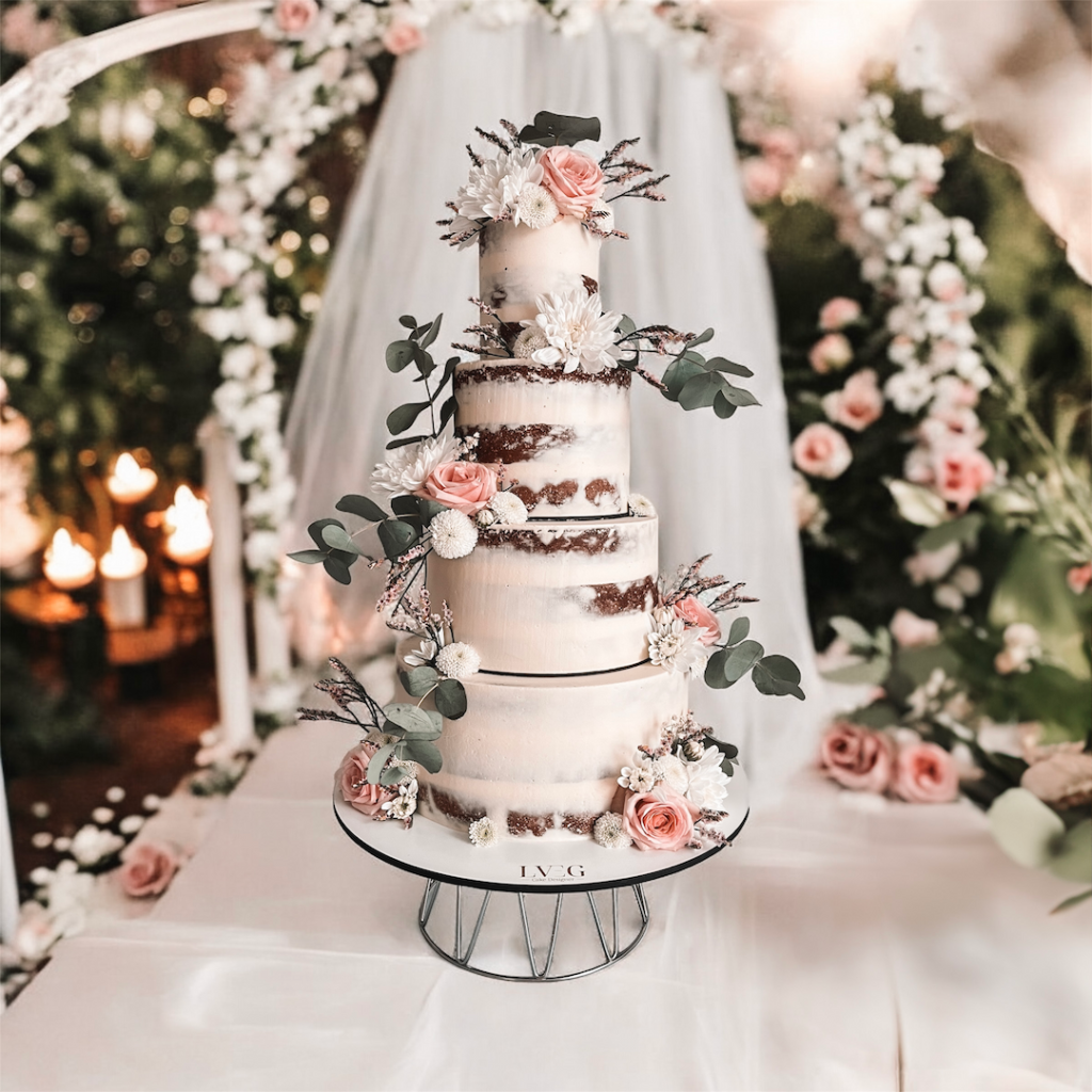 Wedding Cake fleuri, au style Naked laissant apparaitre les couches de chaque étage avec des touches florales